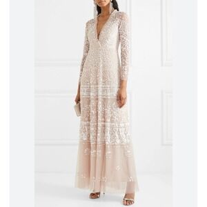Needle & Thread Aurora V-Neck Gown Champagne Pink Sequin Maxi Dress US 4